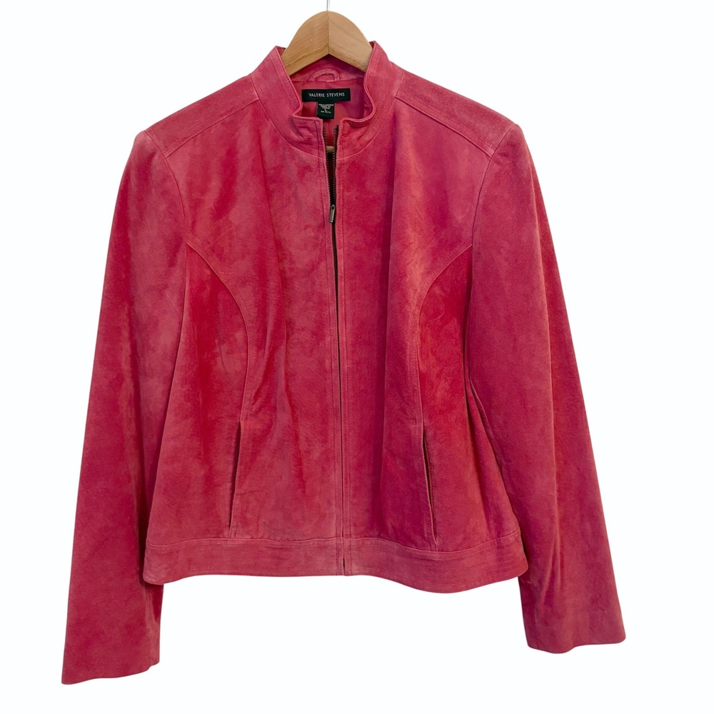 Valerie Stevens Genuine Suede Leather Jacket Womens L Moto 90s Zip Front Pink